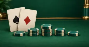Kaksi pelikorttia ja viisi asteittain nousevaa ja laskevaa pelimerkkipinoa havainnollistavat blackjackin D’Alembert-panostusstrategiaa vihreällä pelipöydällä.