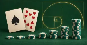 Pelikortit, kasvavat pelimerkkipinot ja kultainen Fibonacci-spiraali havainnollistavat blackjackin Fibonacci-panostusstrategiaa vihreällä taustalla.