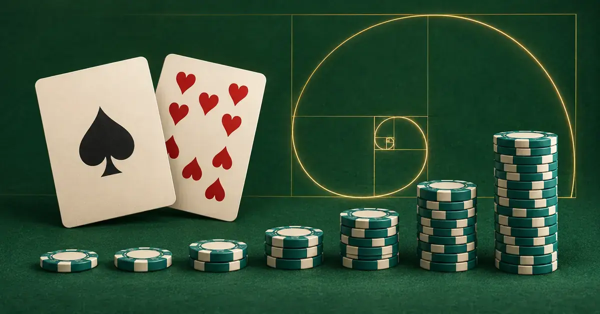 Pelikortit, kasvavat pelimerkkipinot ja kultainen Fibonacci-spiraali havainnollistavat blackjackin Fibonacci-panostusstrategiaa vihreällä taustalla.