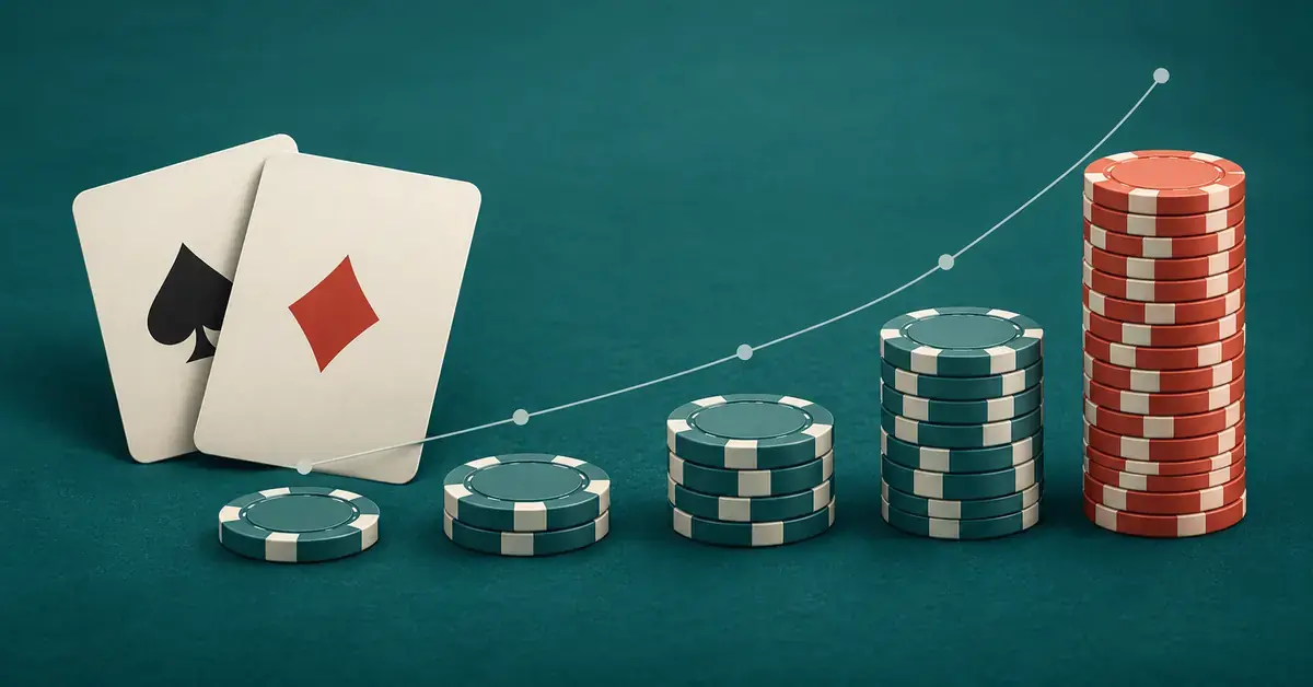 Pelikortit ja kasvavat pelimerkkipinot havainnollistavat blackjackin martingaalistrategian panosten tuplaamista ja kasvavaa riskiä.