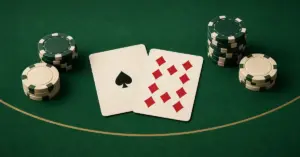 Pataässä, ruutukymppi ja maltilliset pelimerkkipinot vihreällä blackjack-pöydällä.