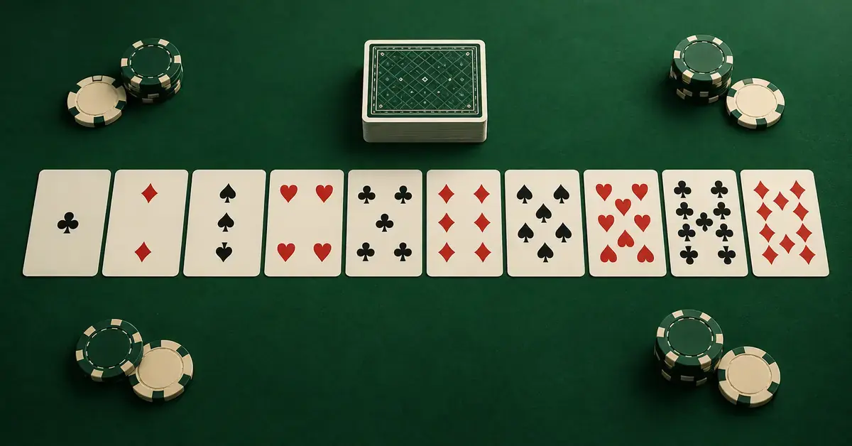 Pelikortit, korttipakka ja pelimerkit vihreällä blackjack-pöydällä havainnollistavat korttien laskemista.